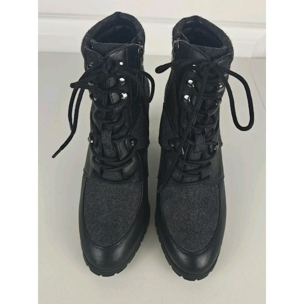 Antonio Melani Womens Booties 8.5 Black Gray Wool Leather Lace Up Block Heel Lug